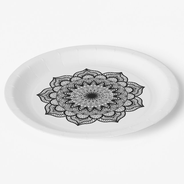 Black Mandala on White Background Paper Plate (Angled)
