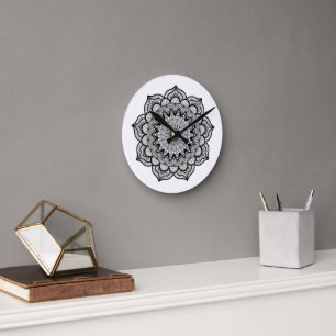 Black Mandala on White Background Round Clock