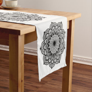 Black Mandala on White Background Short Table Runner