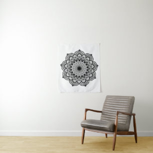 Black Mandala on White Background Small Tapestry