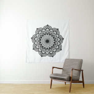 Black Mandala on White Background Tapestry