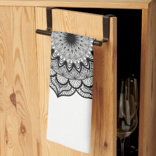 Black Mandala on White Background Tea Towel