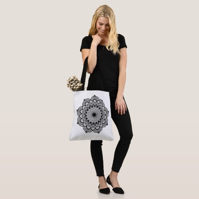Black Mandala on White Background Tote Bag (On Model)
