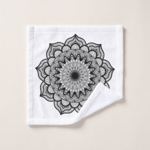 Black Mandala on White Background Wash Cloth