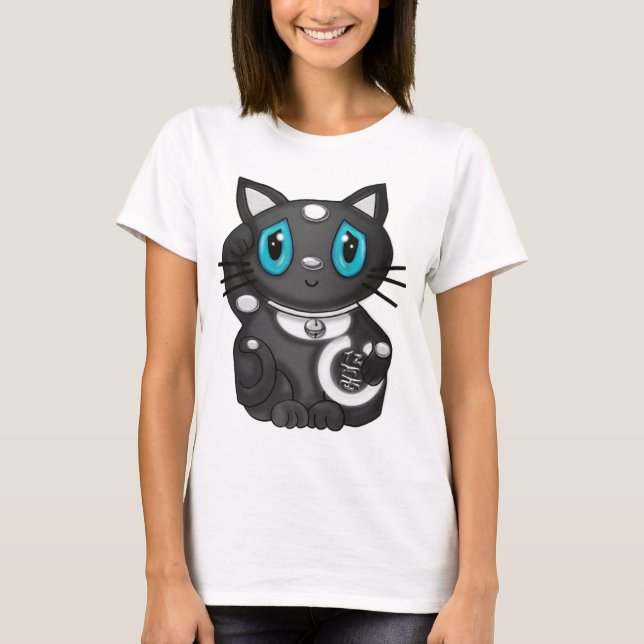 Black Maneki Neko Bekoning Good Luck Cat T-Shirt (Front)