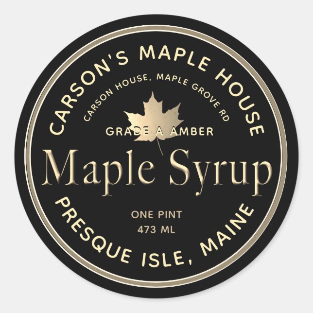 Black Maple Syrup Label with Gold Border and Leaf (Front)