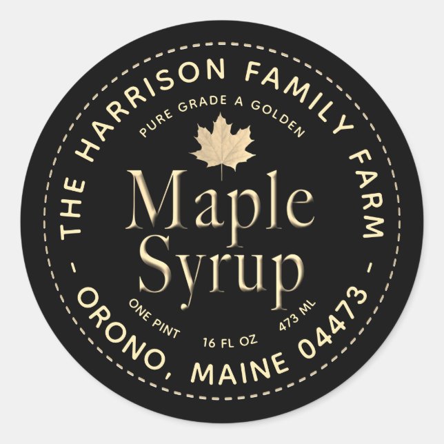 Black Maple Syrup Label with Gold Text and Leaf (Front)