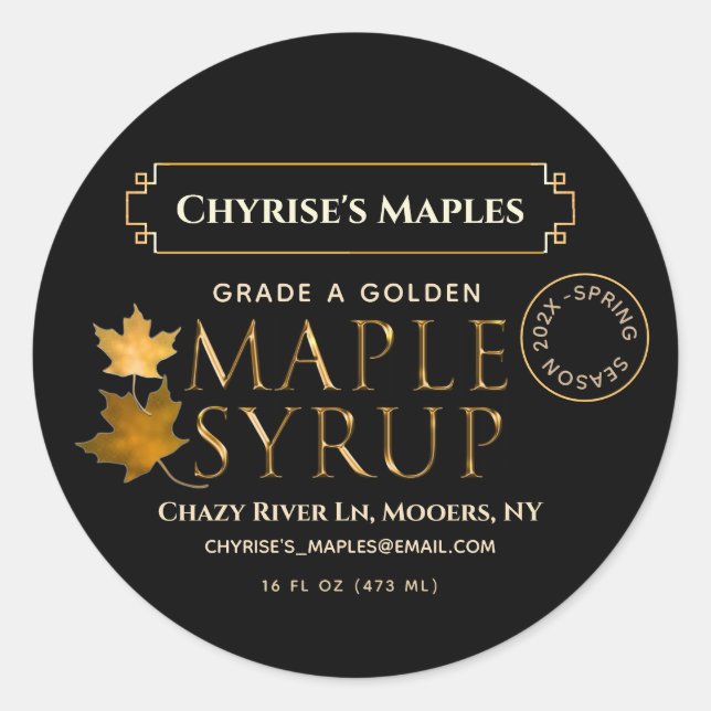 Black Maple Syrup Label with Leaf and Date (Front)