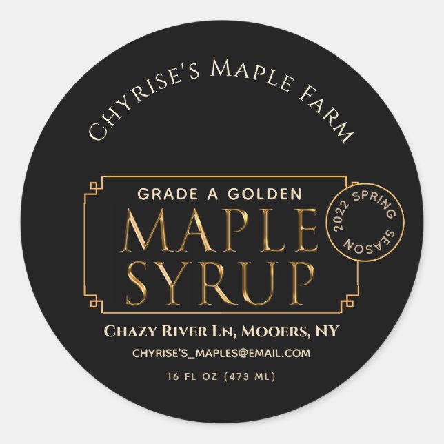 Black Maple Syrup Label with Leaf and Date (Front)