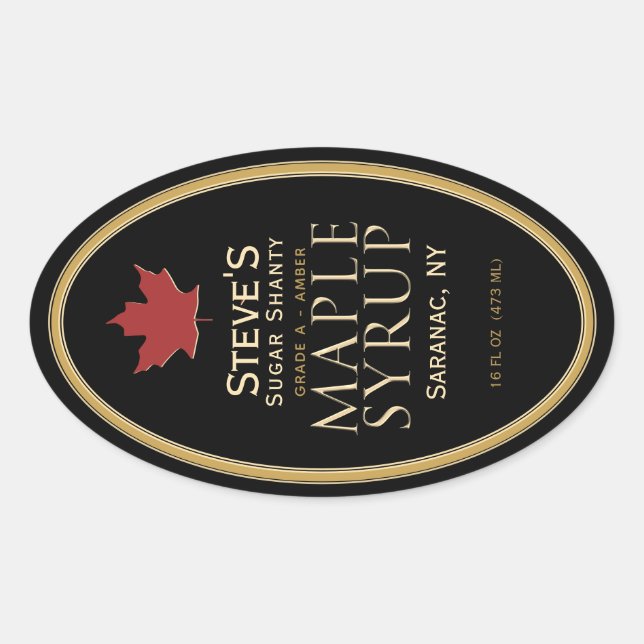 Black Maple Syrup Label with Red Leaf (Front)