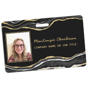 Black Marble Agate Geode Business Photo ID Name Badge