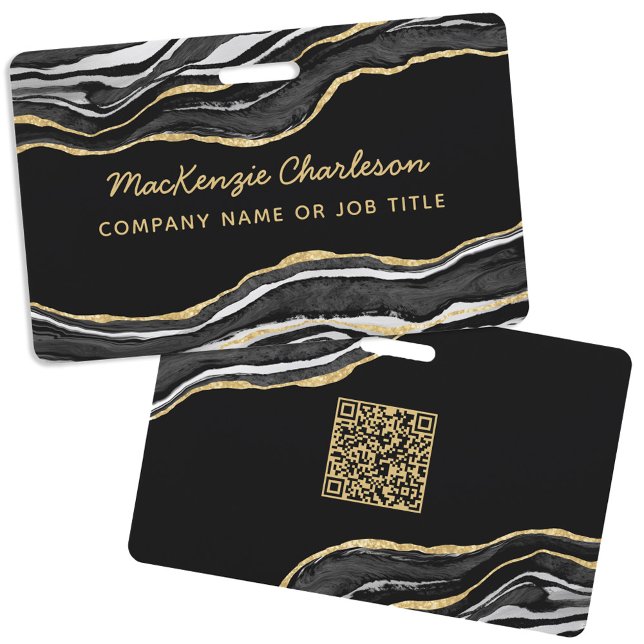 Black Marble Agate Geode Business QR Code Name ID Badge (Black marble agate geode gold glitter effect business name badge with QR code)