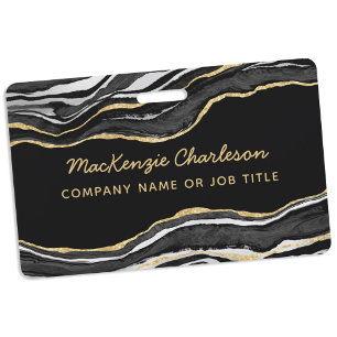 Black Marble Agate Geode Gold Business Name ID Badge