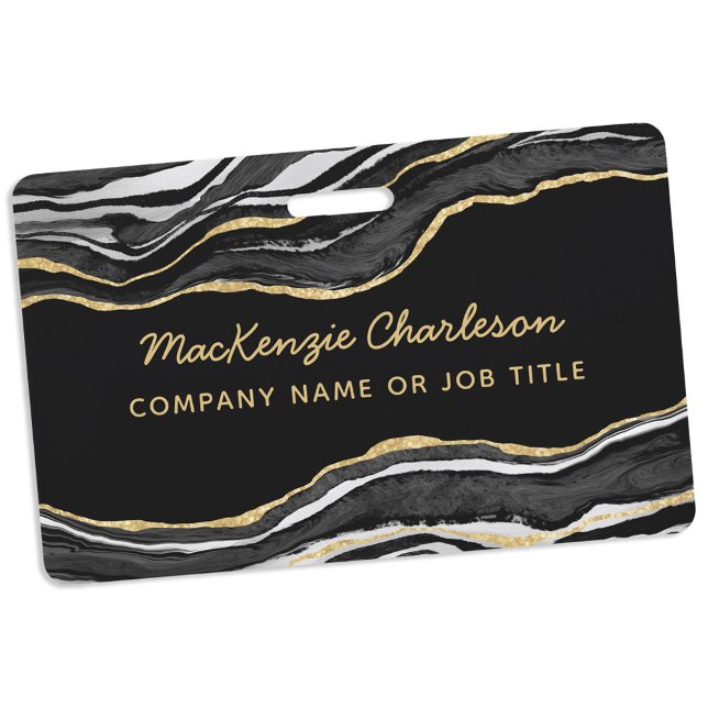 Black Marble Agate Geode Gold Business Name ID Badge (Black marble geode agate gold glitter effect modern script business name badge)