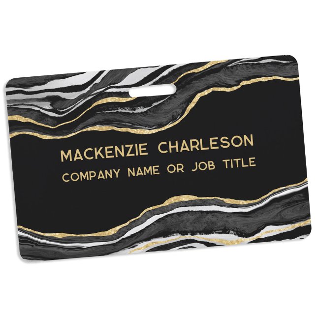 Black Marble Agate Geode Gold Business Name ID Badge (Black marble agate geode gold glitter effect business name badge)