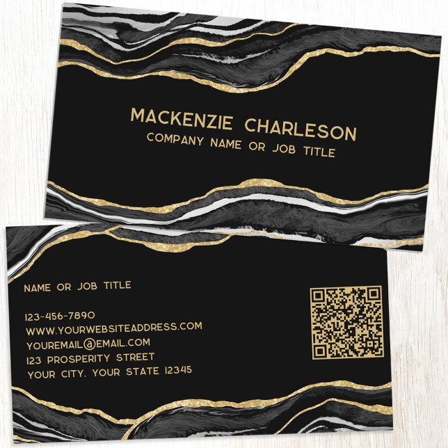 Black Marble Agate Geode Gold Glitter QR Code Business Card (Black marble agate geode gold glitter effect elegant business card with QR code)