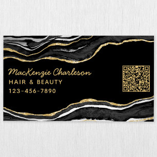 Black Marble Agate Geode Gold Glitter QR Code Magnetic Business Card