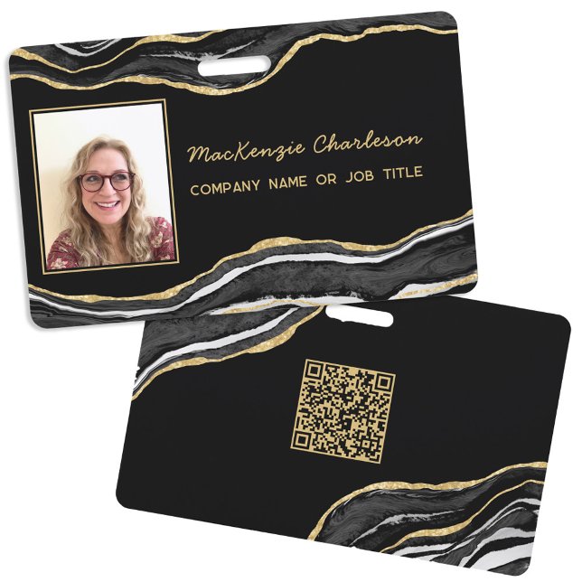 Black Marble Agate Geode QR Code Photo ID Name Badge (Black marble agate geode gold business photo id with QR code)