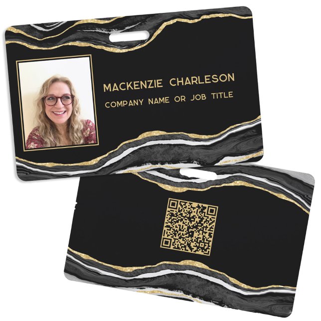Black Marble Agate Geode QR Code Photo ID Name ID Badge (Black marble agate geode gold glitter effect business photo id name badge with QR code)