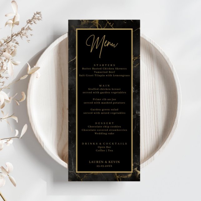 Black marble agate gold border Wedding Menu Card (Creator Uploaded)