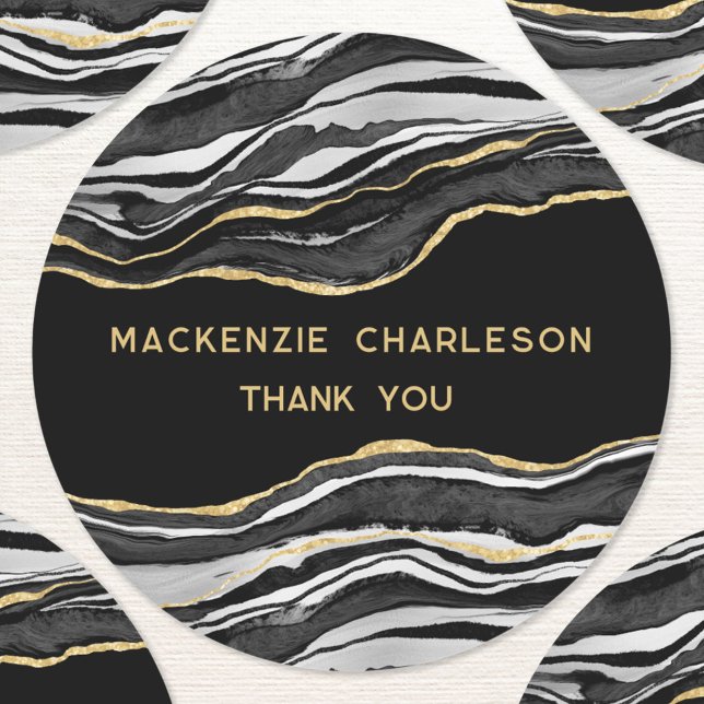 Black Marble Agate Gold Geode Thank You Business Classic Round Sticker (Black marble agate geode gold effect modern business thank you sticker)
