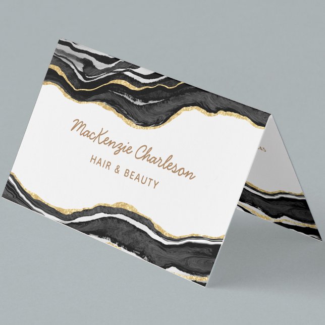 Black Marble Agate Gold Glitter Business Card (Black marble agate watercolor with gold glitter effect personalized folded business card)