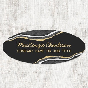 Black Marble Agate Gold Glitter Business Name Tag