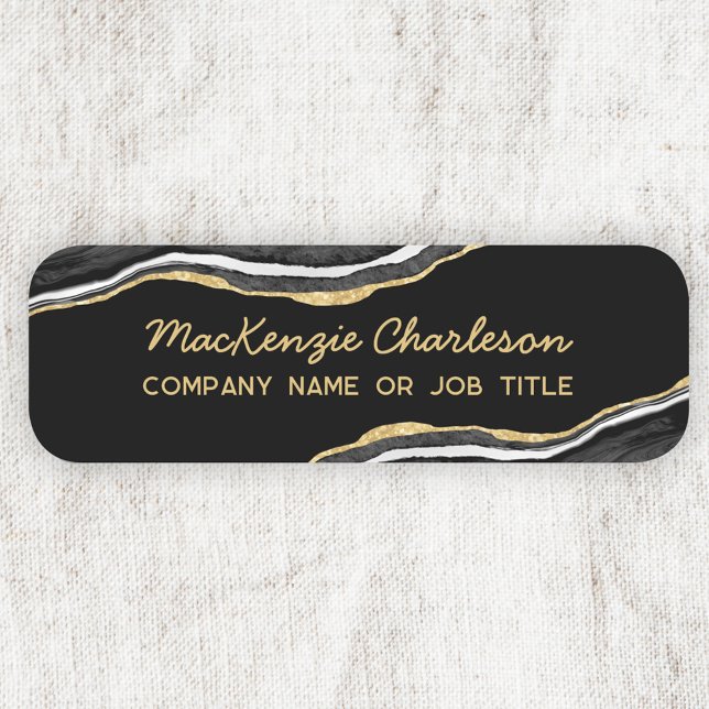 Black Marble Agate Gold Glitter Business Name Tag (Black marble agate geode gold effect modern script font business name badge or tag)