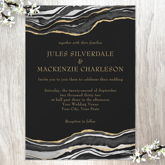 Black Marble Agate Gold Glitter Elegant Wedding Invitation (Creator Uploaded)