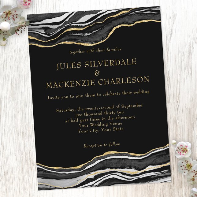Black Marble Agate Gold Glitter Elegant Wedding Postcard (Creator Uploaded)