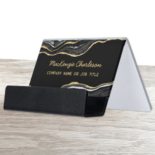 Black Marble Agate Gold Glitter Geode Desk Business Card Holder
