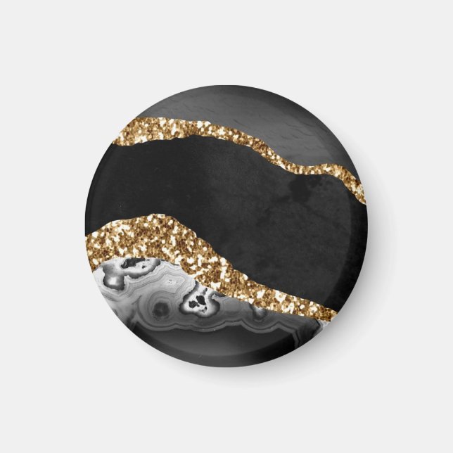 Black Marble Agate Gold Glitter Magnet (Front)
