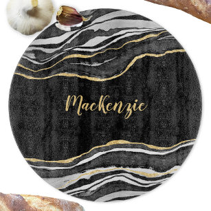 Black Marble Agate Gold Glitter Personalised Cutting Board