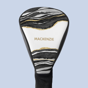 Black Marble Agate Gold Glitter Personalised Golf Head Cover