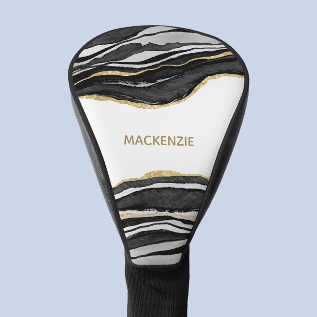Black Marble Agate Gold Glitter Personalised Golf Head Cover (Black agate marble watercolor personalized name golf head cover)