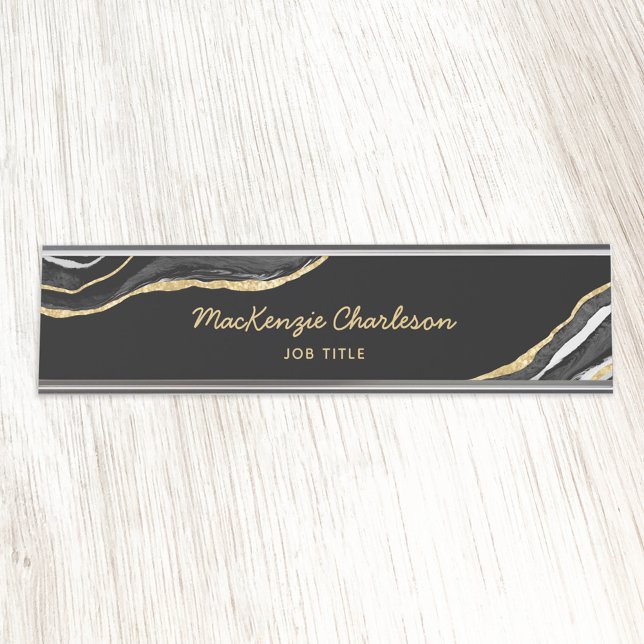 Black Marble Agate Gold Glitter Professional Desk Name Plate (Creator Uploaded)