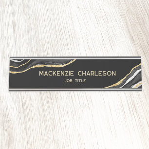 Black Marble Agate Gold Glitter Professional Desk Name Plate