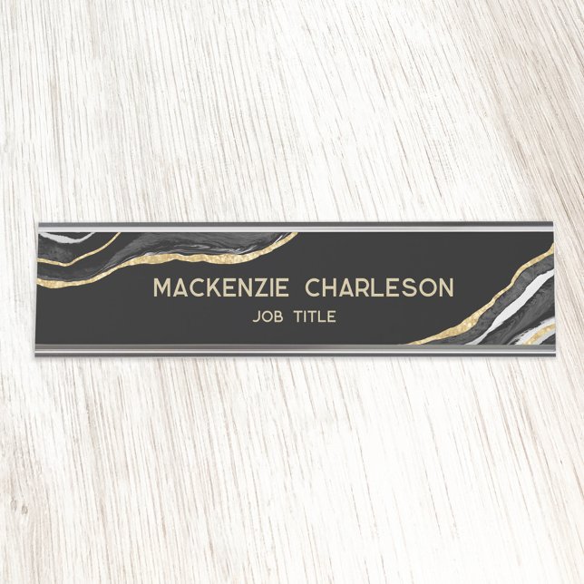 Black Marble Agate Gold Glitter Professional Desk Name Plate (Black agate geode marble gold glitter effect business desk nameplate)