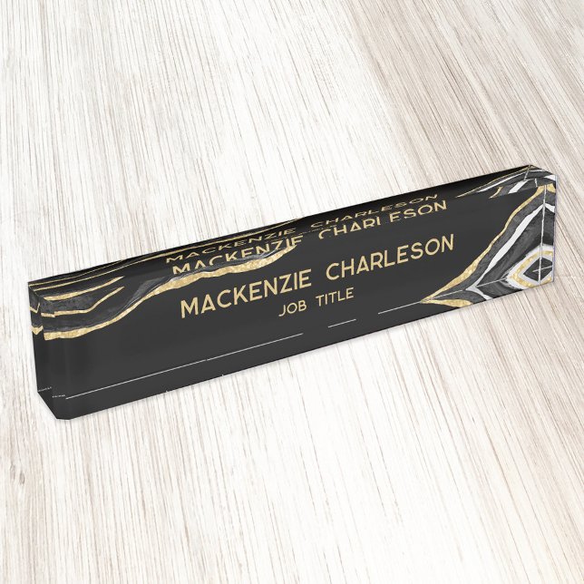 Black Marble Agate Gold Glitter Professional Nameplate (Black and gold marble agate watercolor desk name plate with custom text)