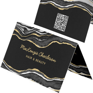Black Marble Agate Gold Glitter QR Code Business Card