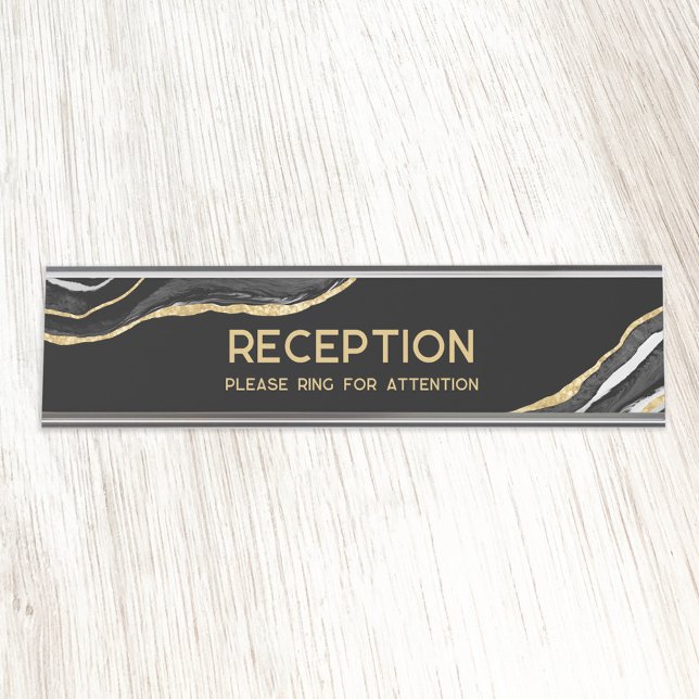 Black Marble Agate Gold Glitter Reception Desk Name Plate (Black and faux gold agate marble custom text hotel or business reception desk name plate)