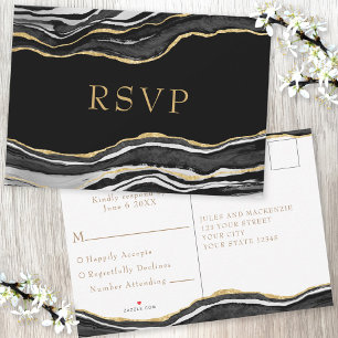 Black Marble Agate Gold Glitter Wedding RSVP