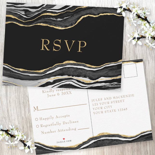 Black Marble Agate Gold Glitter Wedding RSVP (Creator Uploaded)