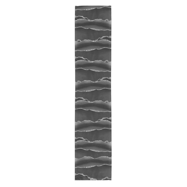 BLACK MARBLE AGATE SILVER GLITTER GLAM SHORT TABLE RUNNER (Front)