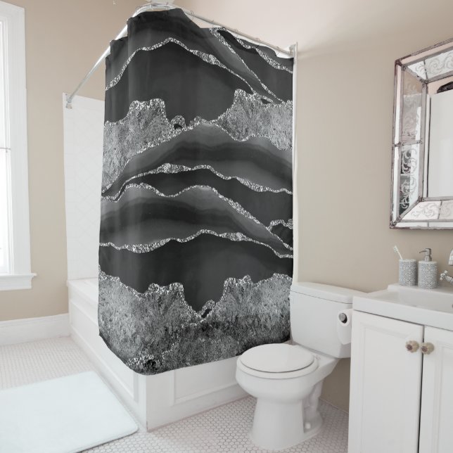 BLACK MARBLE AGATE SILVER GLITTER GLAM SHOWER CURTAIN (In Situ)
