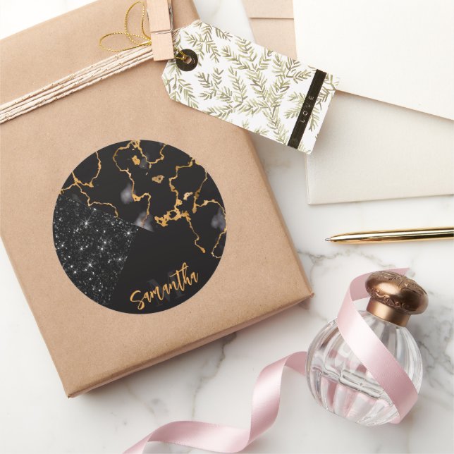 Black Marble and Glitter Classic Round Sticker (Gifting)