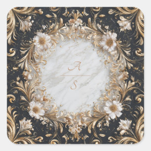 Black Marble and Gold Floral Wedding Sticker