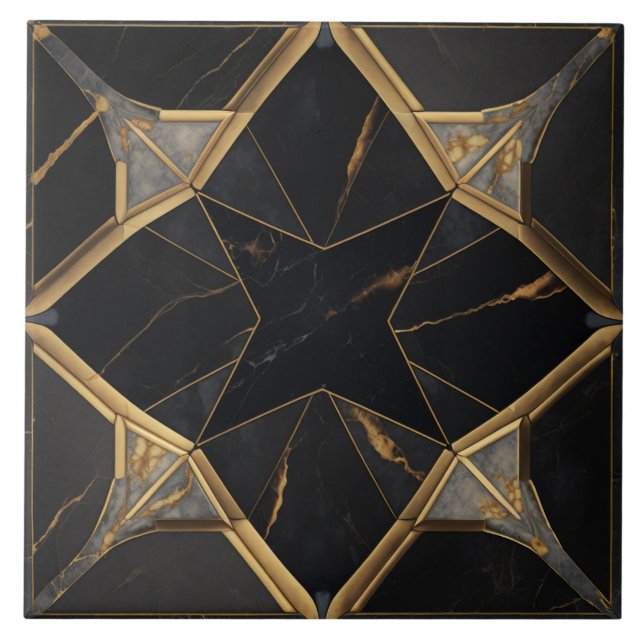 Black Marble and Gold Geometric Star Pattern Tile (Front)