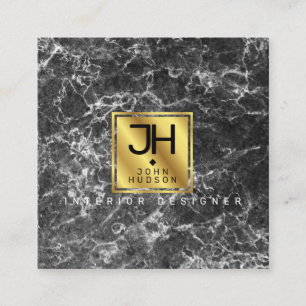 Black Marble and Gold Modern Monogram Square Business Card