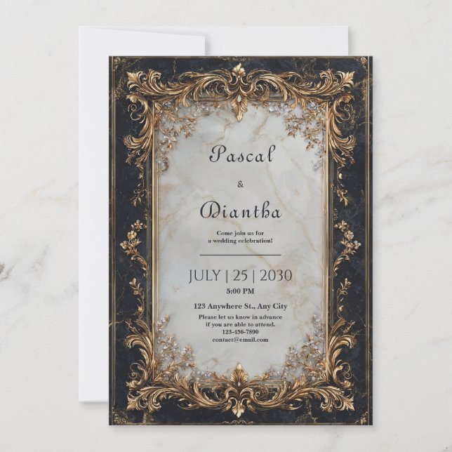 Black Marble and Gold Ornate Wedding  Invitation (Front)
